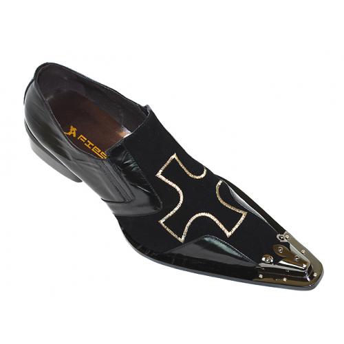 Fiesso Black Suede Cross Design Metal Tip Leather Shoes FI6230